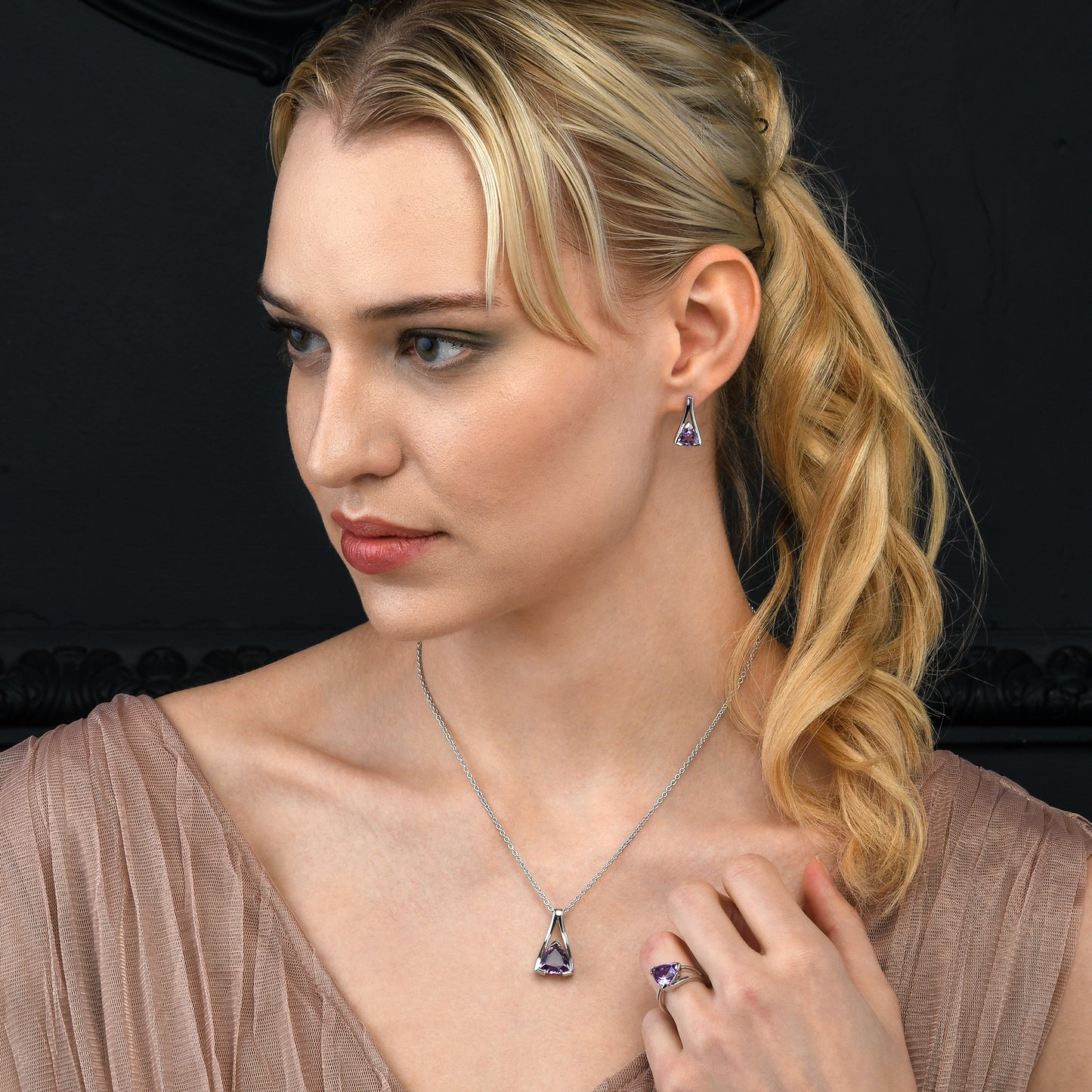 Sterling Silver Amethyst Trillion Pendant Necklace For Women