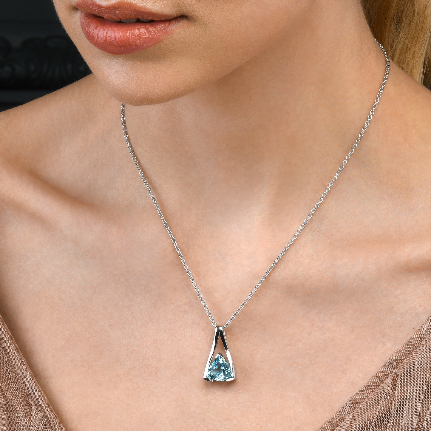 Sterling Silver Blue Topaz Trillion Pendant Necklace For Women