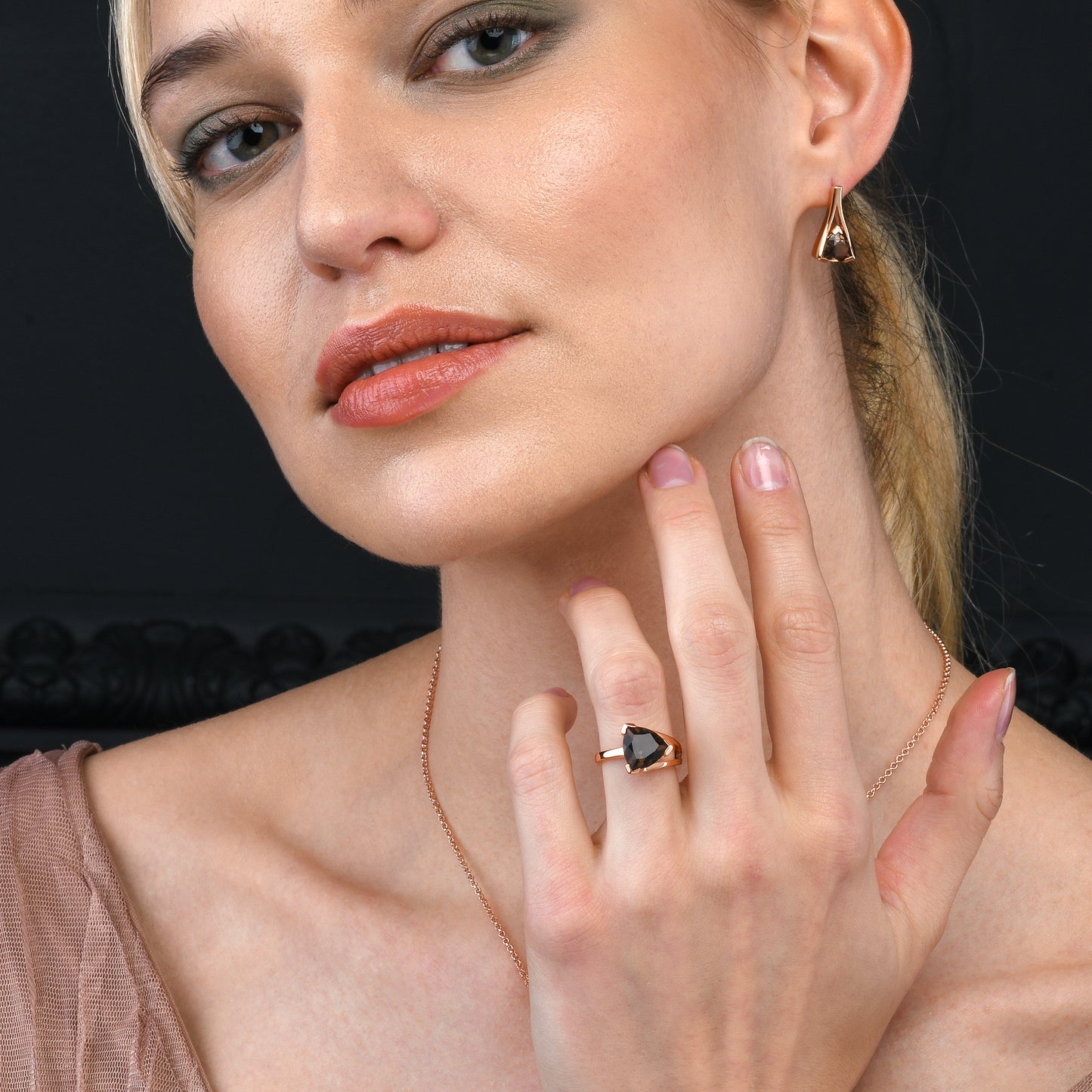 Rose Gold Vermeil Trillion Cut Smoky Quartz Gemstone Stud Earrings For Women