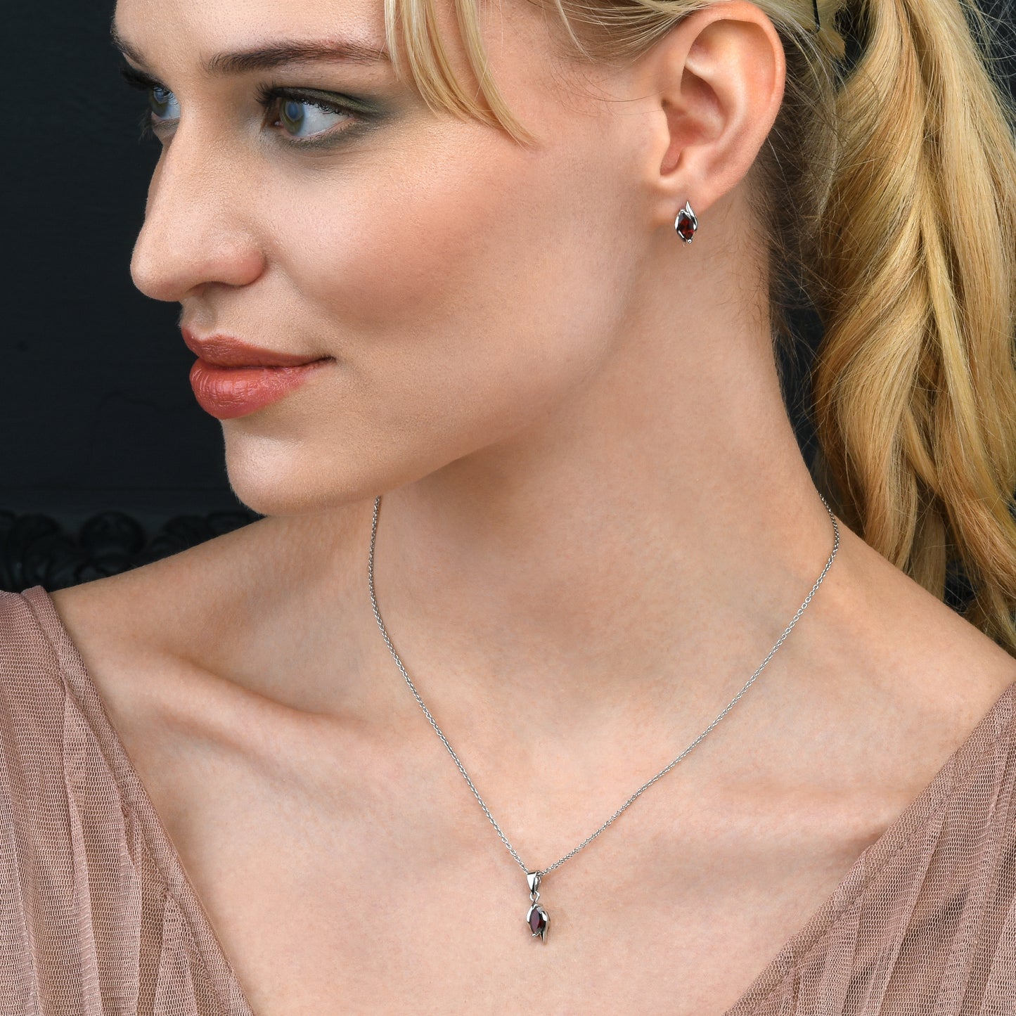 925 Sterling Silver Garnet Marquise Stud Earrings