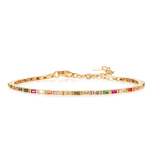 Multicoloured Gold Plated Sterling Silver Tennis Bracelet With Baguette-Cut Stones for Women