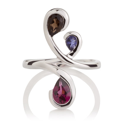 Floral Sterling Silver Ring with Smoky Quartz, Iolite & Rhodolite Gemstones