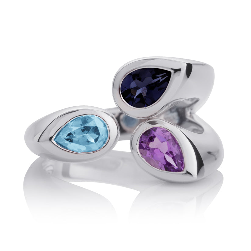 925 Sterling Silver Wide Ring for Women with Amethyst, Blue Topaz and Iolite Gemstones