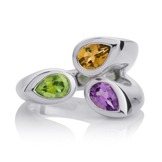 925 Sterling Silver Wide Ring for Women with Peridot, Citrine and Amethyst Gemstones