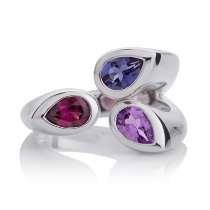 925 Sterling Silver Wide Ring for Women with Amethyst, Rhodolite and Iolite Gemstones
