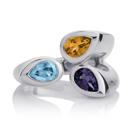 925 Sterling Silver Wide Ring for Women with Iolite, Blue Topaz and Citrine Gemstones