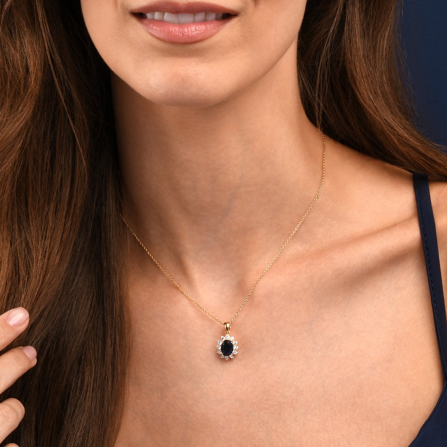 Gold Plated Sterling Silver Blue Cubic Zirconia Oval Halo Pendant Necklace