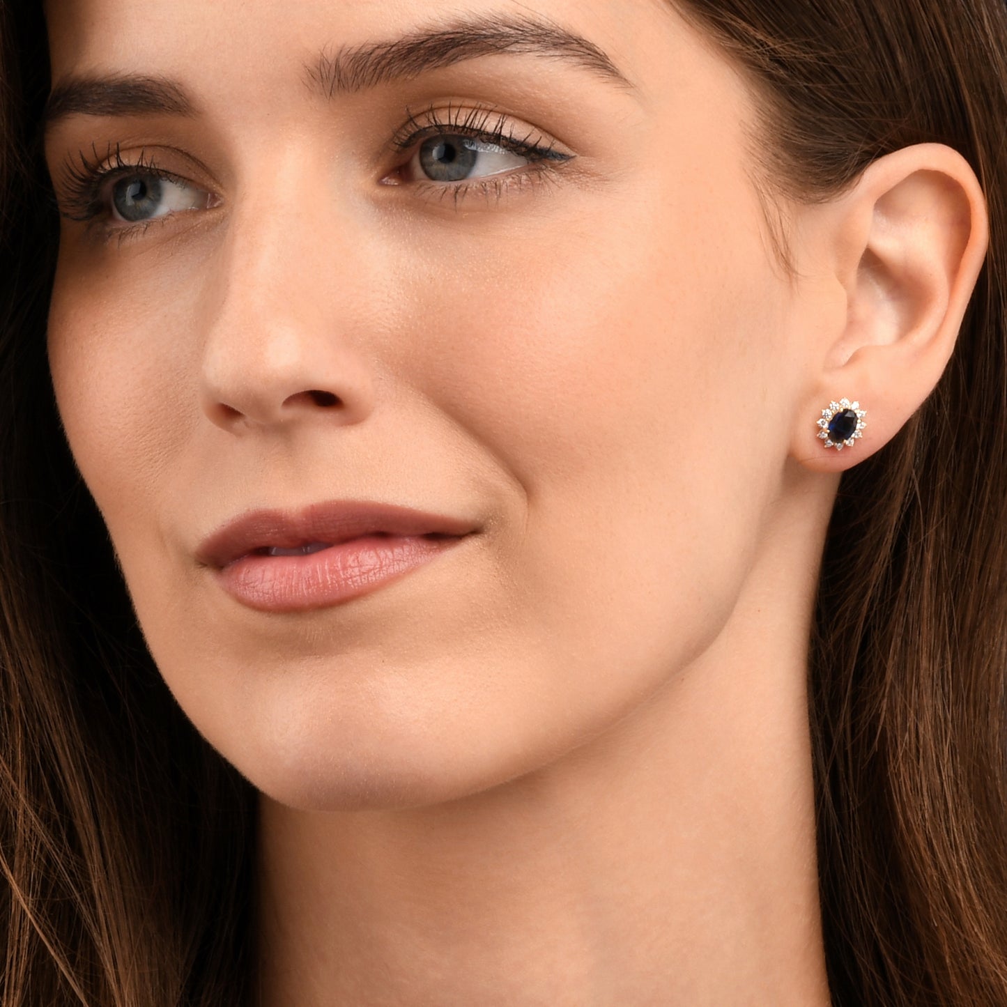 Gold Plated Sterling Silver Blue Cubic Zirconia Oval Halo Stud Earrings