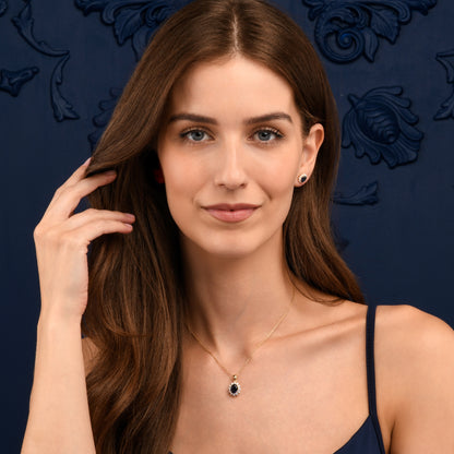 Gold Plated Sterling Silver Blue Cubic Zirconia Oval Halo Pendant Necklace