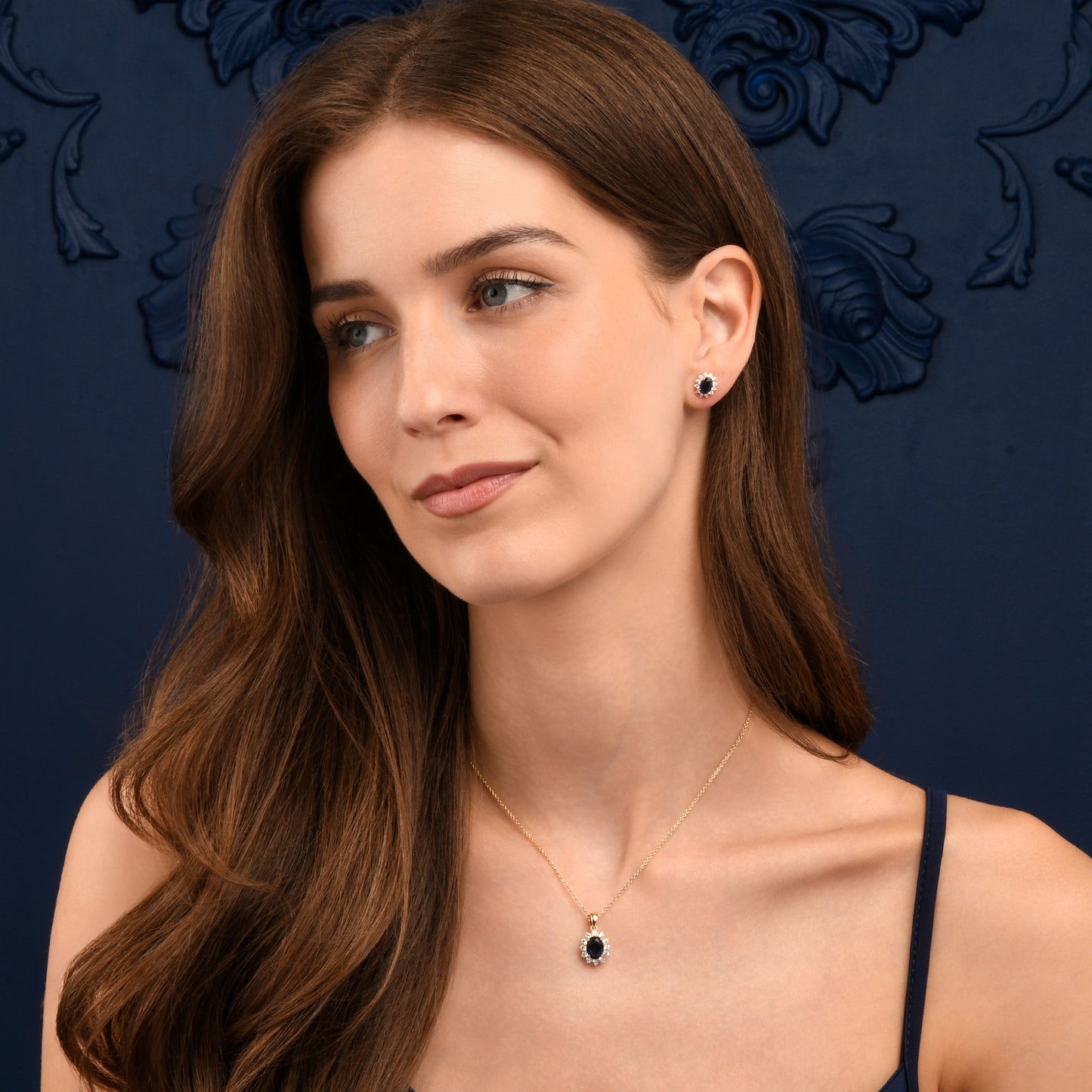 Gold Plated Sterling Silver Blue Cubic Zirconia Oval Halo Pendant Necklace