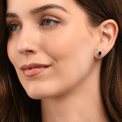 925 Sterling Silver Blue Cubic Zirconia Oval Halo Stud Earrings