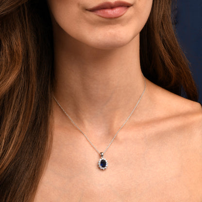 925 Sterling Silver Blue Cubic Zirconia Oval Halo Pendant Necklace