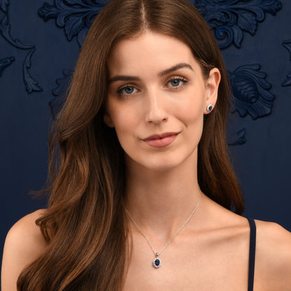 925 Sterling Silver Blue Cubic Zirconia Oval Halo Pendant Necklace