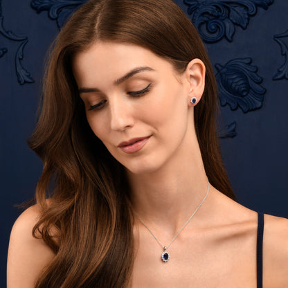 925 Sterling Silver Blue Cubic Zirconia Oval Halo Pendant Necklace