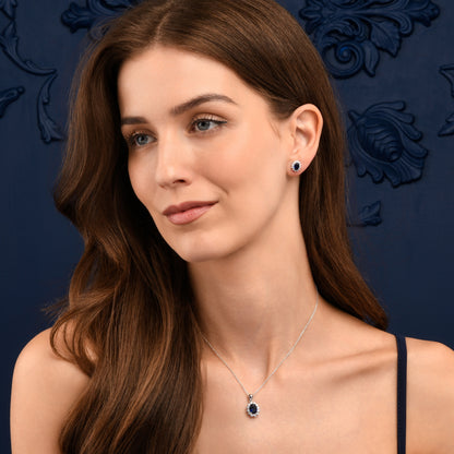 925 Sterling Silver Blue Cubic Zirconia Oval Halo Pendant Necklace