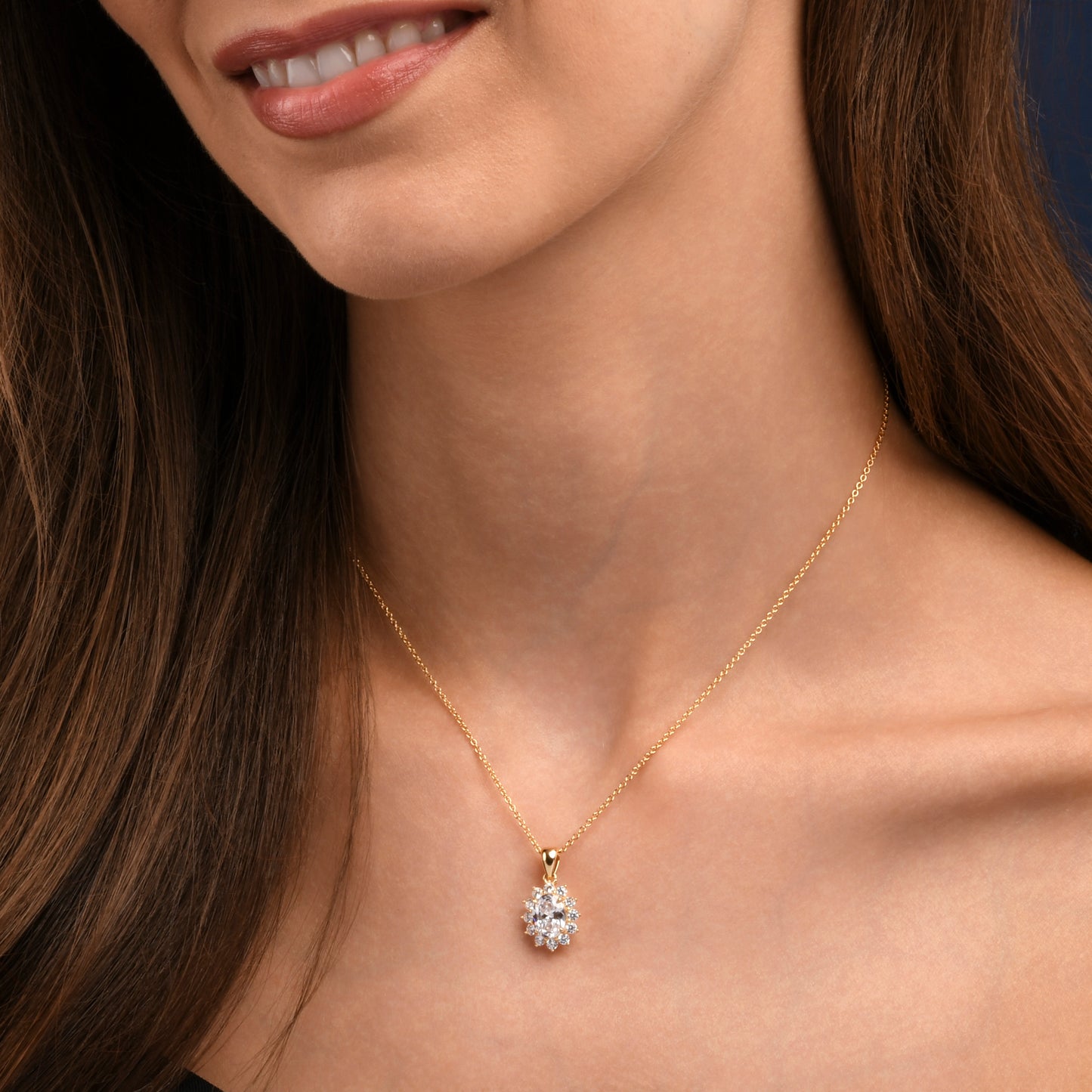 Gold Plated Sterling Silver Clear Cubic Zirconia Oval Halo Pendant Necklace