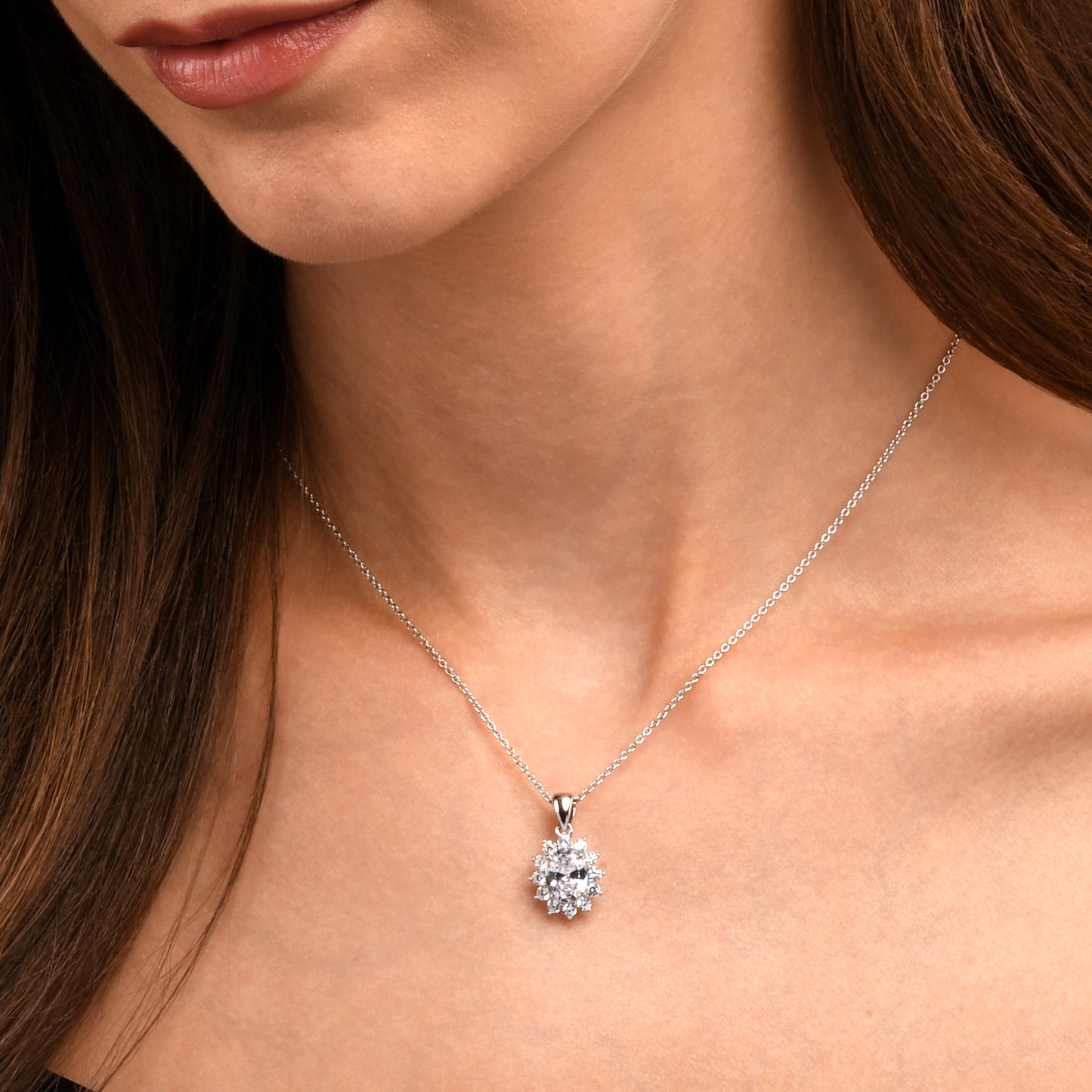 925 Sterling Silver Clear Cubic Zirconia Oval Halo Pendant Necklace