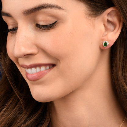 Gold Plated Sterling Silver Green Cubic Zirconia Oval Halo Stud Earrings