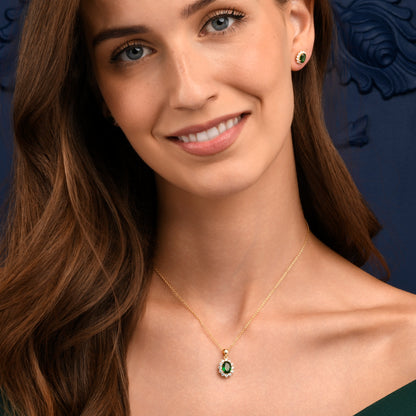 Gold Plated Sterling Silver Green Cubic Zirconia Oval Halo Pendant Necklace