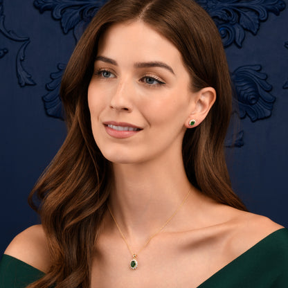 Gold Plated Sterling Silver Green Cubic Zirconia Oval Halo Stud Earrings