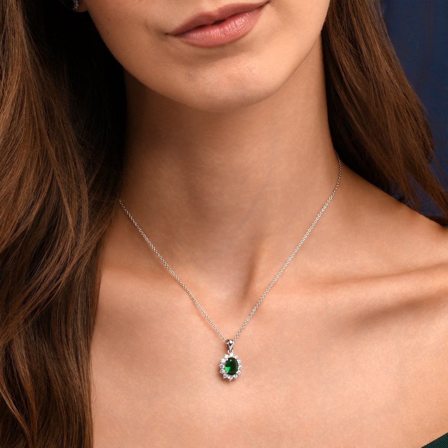 925 Sterling Silver Green Cubic Zirconia Oval Halo Pendant Necklace