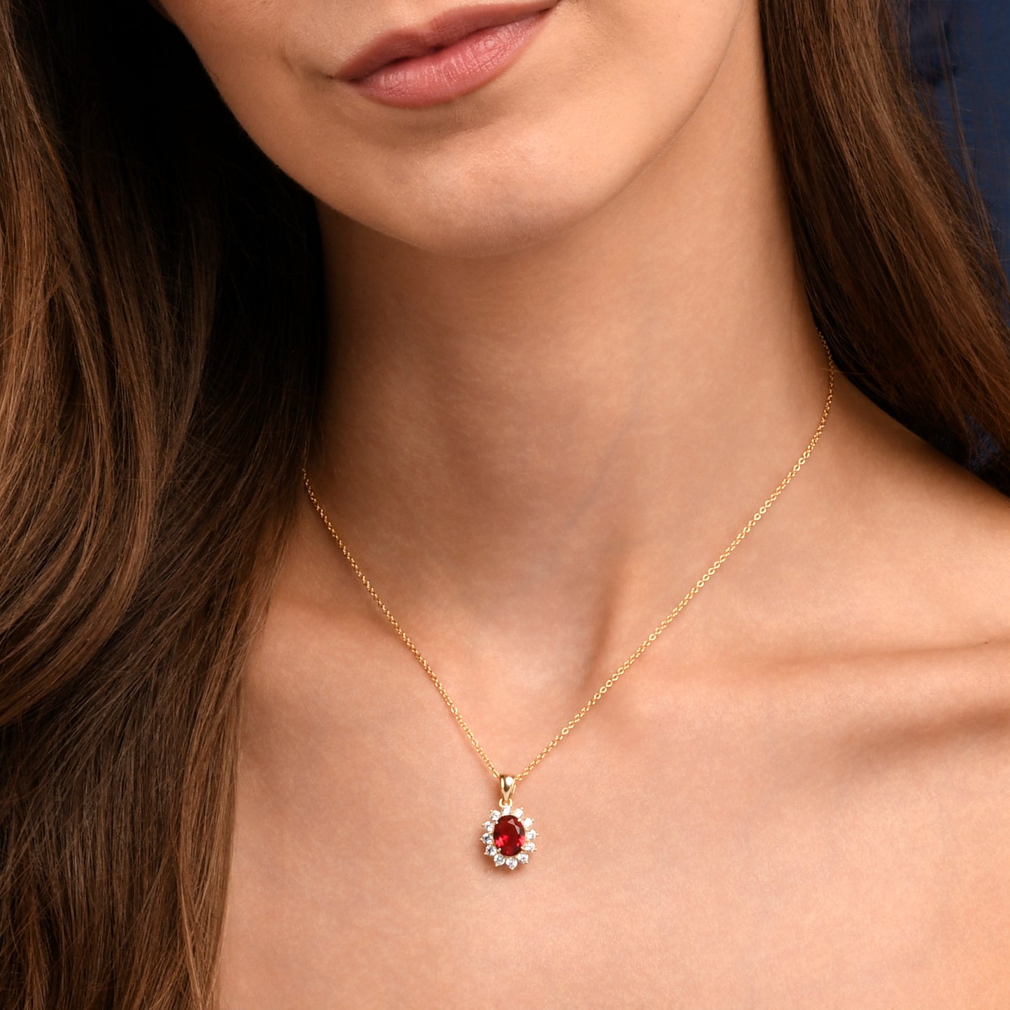 Gold Plated Sterling Silver Red Cubic Zirconia Oval Halo Pendant Necklace