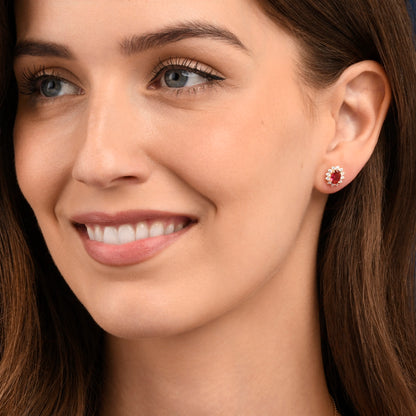 Gold Plated Sterling Silver Red Cubic Zirconia Oval Halo Stud Earrings