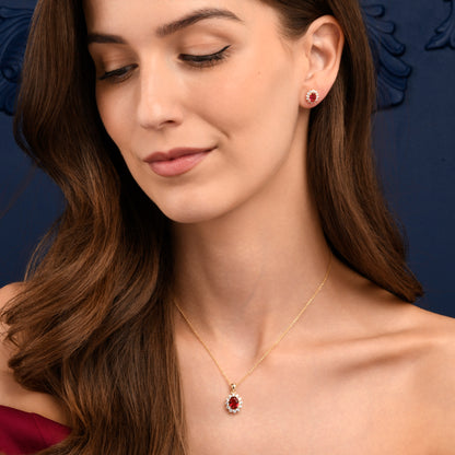 Gold Plated Sterling Silver Red Cubic Zirconia Oval Halo Pendant Necklace