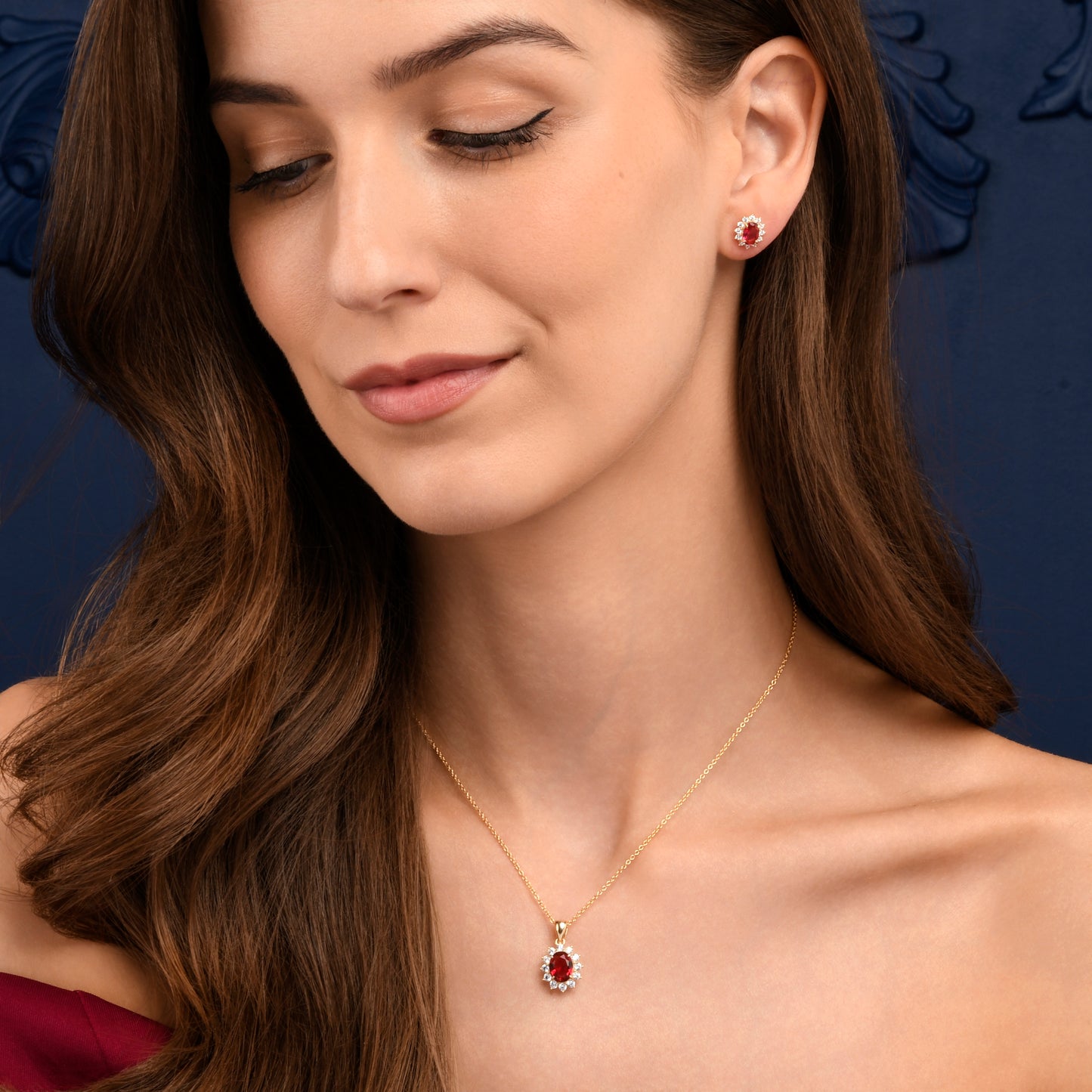 Gold Plated Sterling Silver Red Cubic Zirconia Oval Halo Stud Earrings