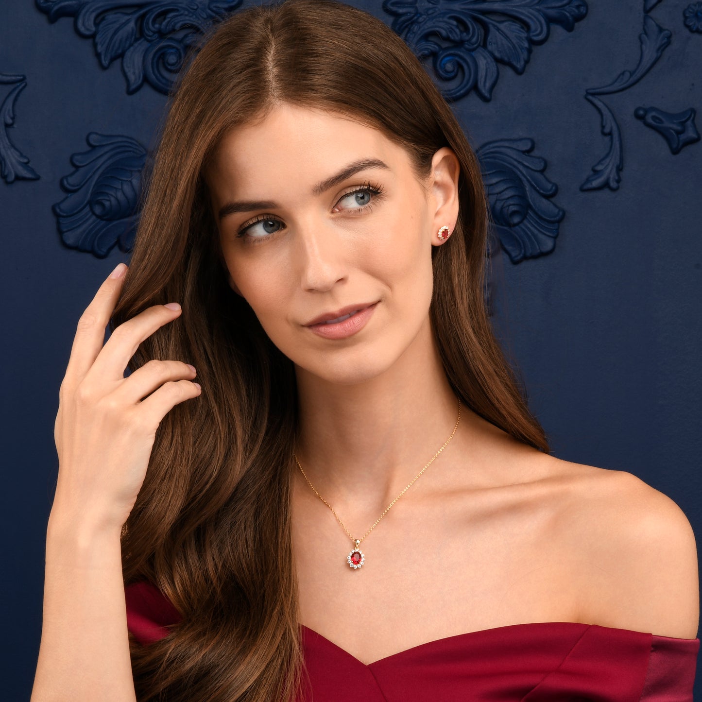 Gold Plated Sterling Silver Red Cubic Zirconia Oval Halo Pendant Necklace