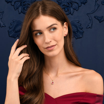 Gold Plated Sterling Silver Red Cubic Zirconia Oval Halo Pendant Necklace