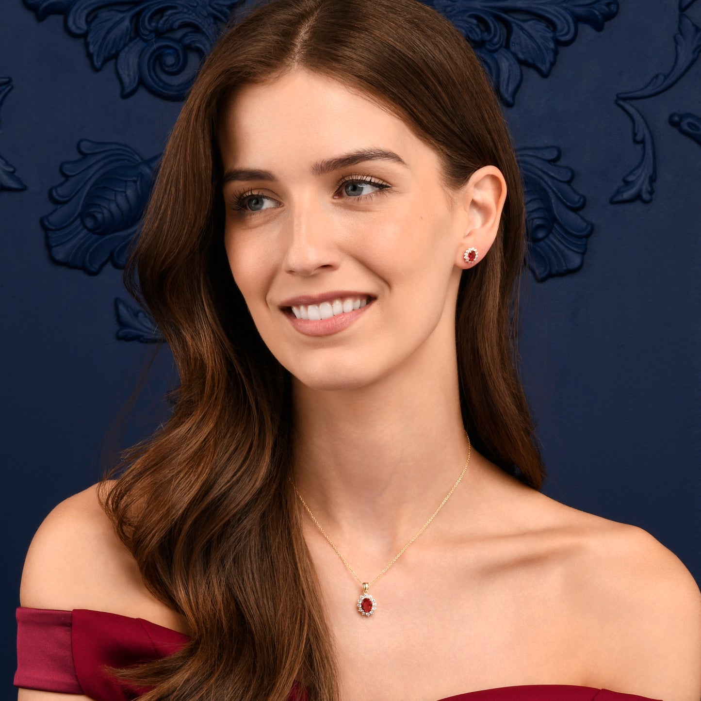 Gold Plated Sterling Silver Red Cubic Zirconia Oval Halo Pendant Necklace