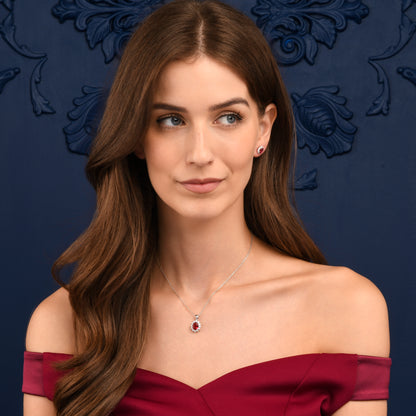 925 Sterling Silver Red Cubic Zirconia Oval Halo Pendant Necklace