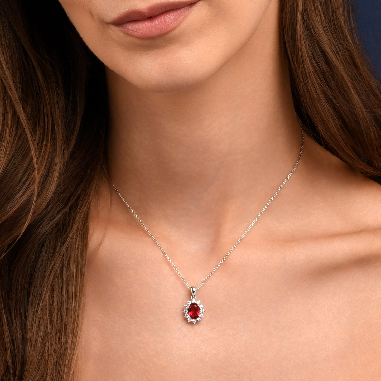 925 Sterling Silver Red Cubic Zirconia Oval Halo Pendant Necklace