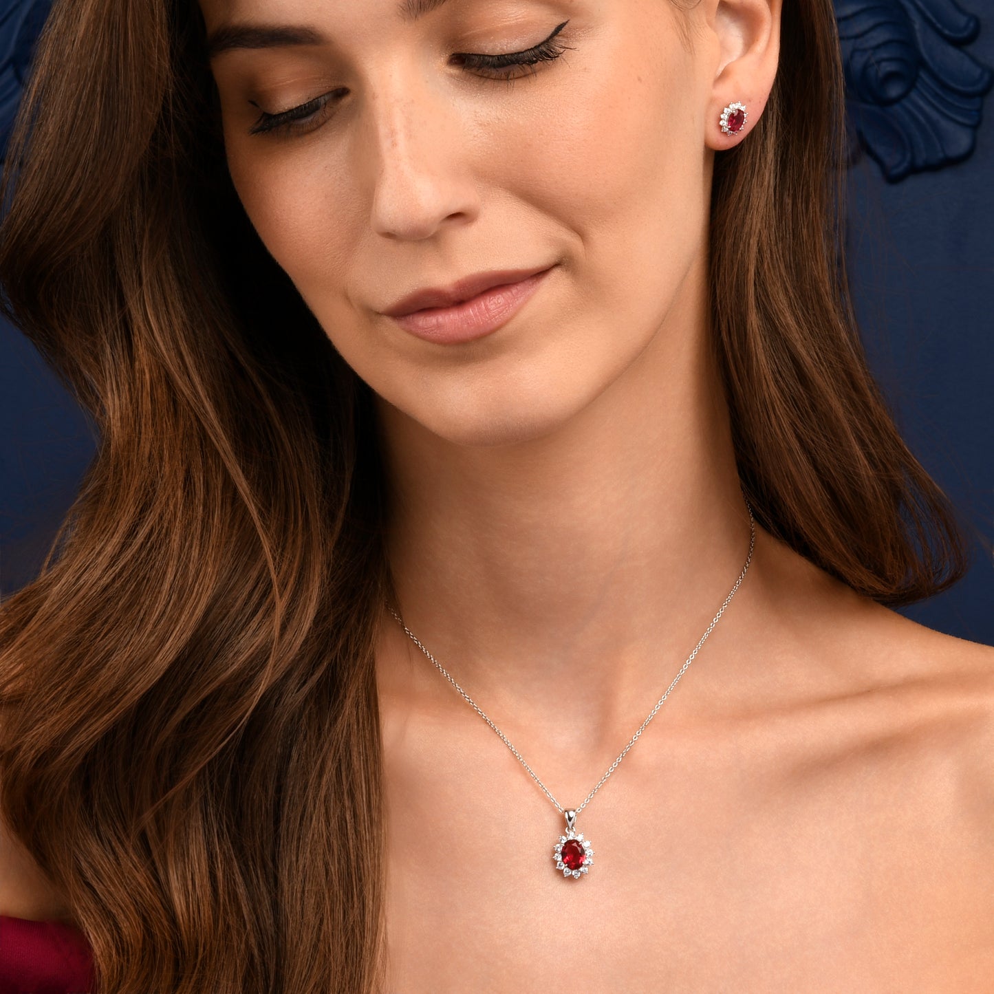 925 Sterling Silver Red Cubic Zirconia Oval Halo Pendant Necklace