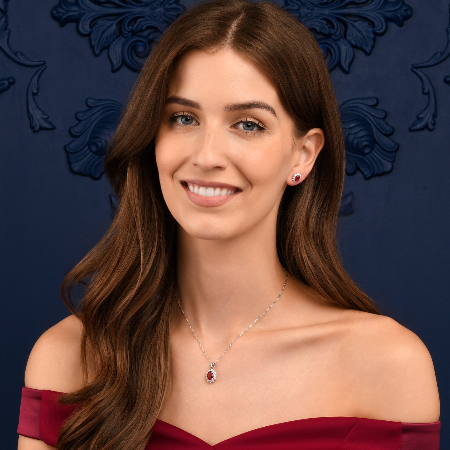 925 Sterling Silver Red Cubic Zirconia Oval Halo Stud Earrings