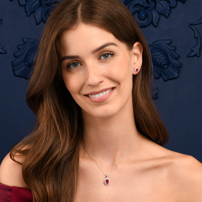 925 Sterling Silver Red Cubic Zirconia Oval Halo Pendant Necklace