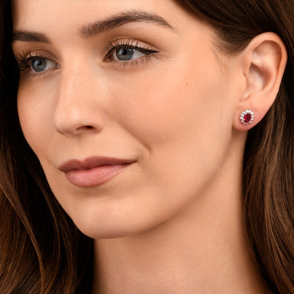 925 Sterling Silver Red Cubic Zirconia Oval Halo Stud Earrings
