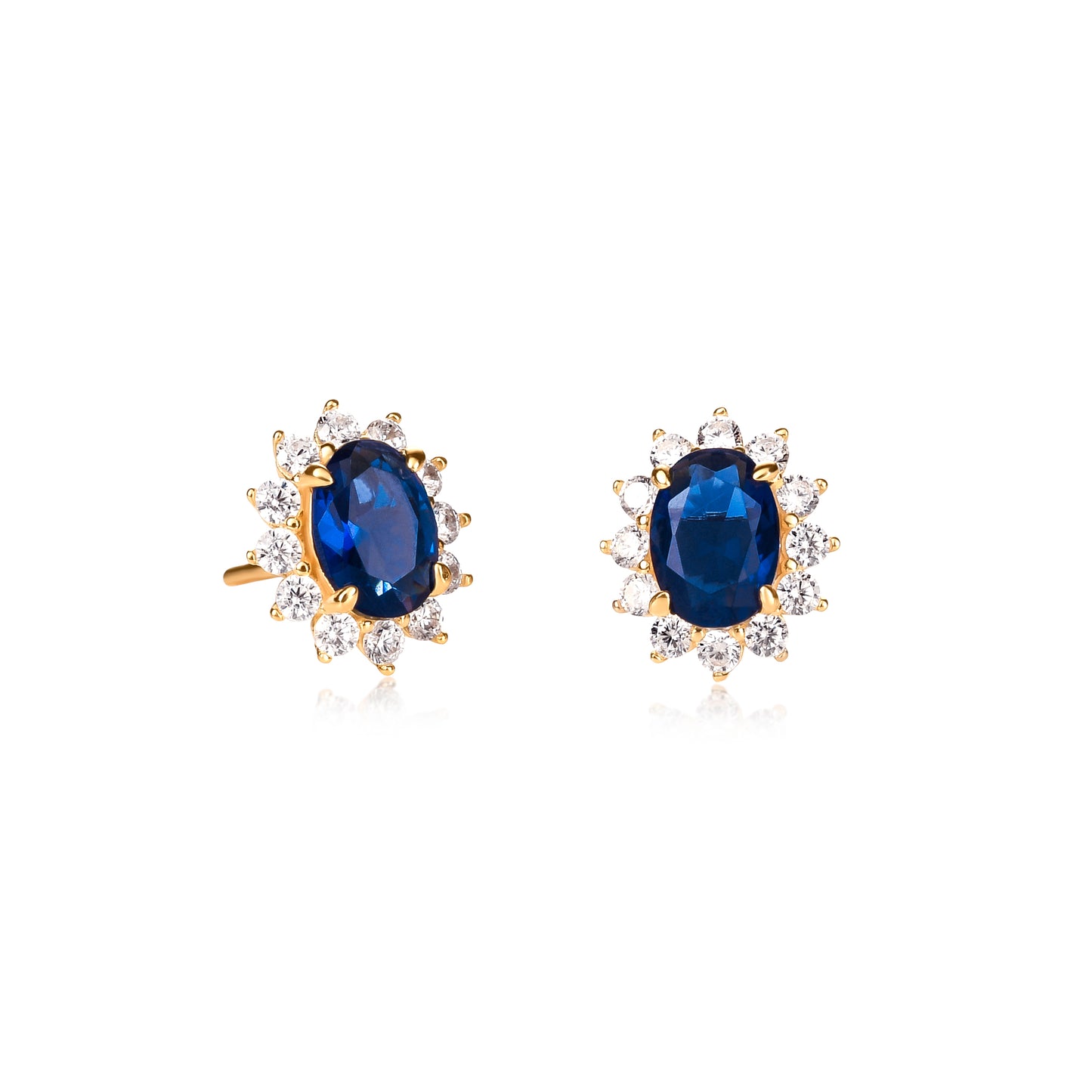 Gold Plated Sterling Silver Blue Cubic Zirconia Oval Halo Stud Earrings