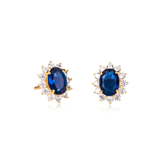 Gold Plated Sterling Silver Blue Cubic Zirconia Oval Halo Stud Earrings