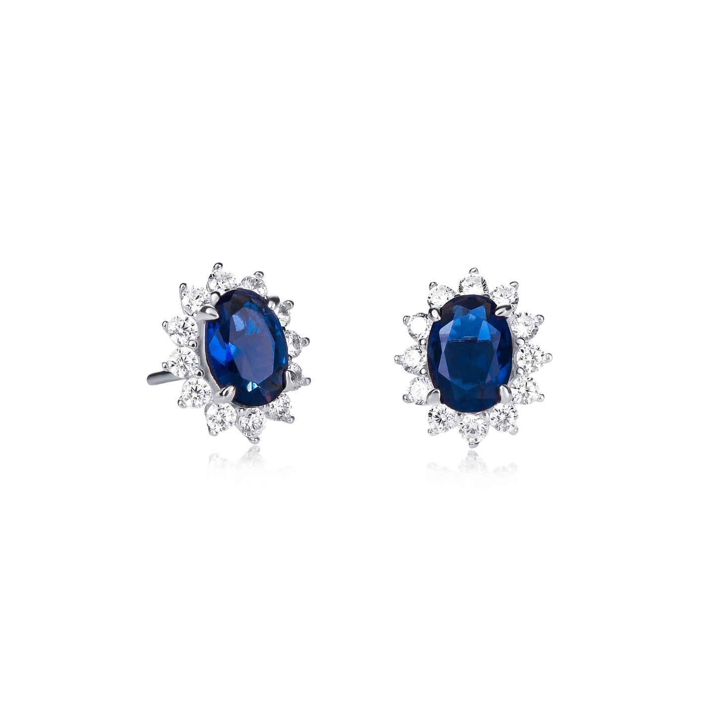 925 Sterling Silver Blue Cubic Zirconia Oval Halo Stud Earrings