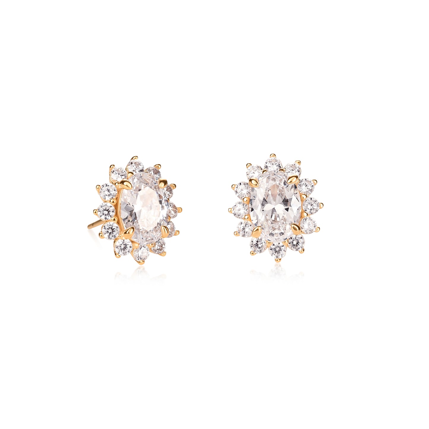 Gold Plated Sterling Silver Clear Cubic Zirconia Oval Halo Stud Earrings