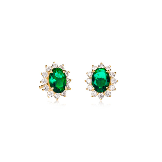 Gold Plated Sterling Silver Green Cubic Zirconia Oval Halo Stud Earrings