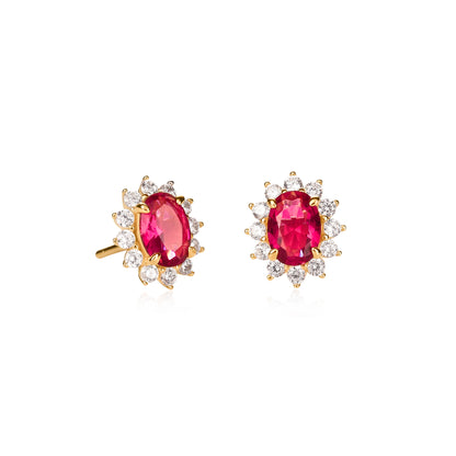 Gold Plated Sterling Silver Red Cubic Zirconia Oval Halo Stud Earrings
