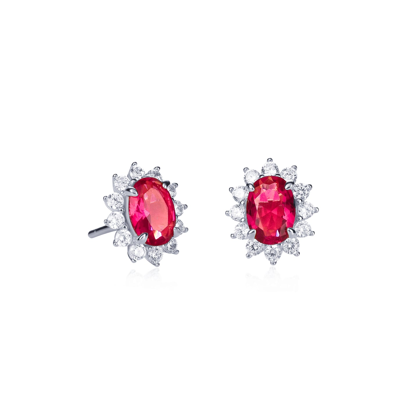 925 Sterling Silver Red Cubic Zirconia Oval Halo Stud Earrings