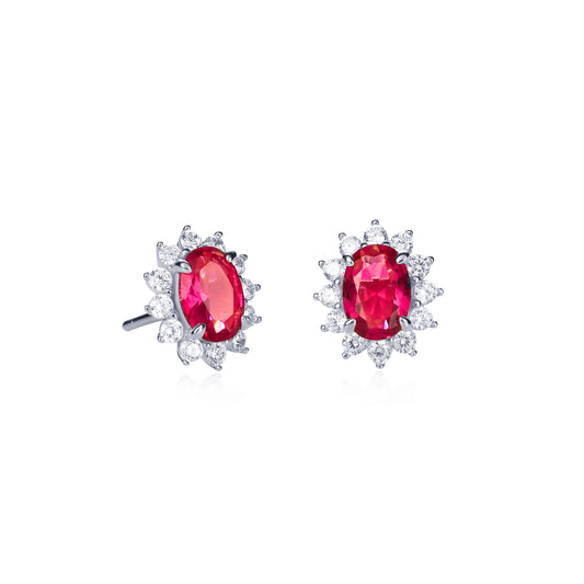 925 Sterling Silver Red Cubic Zirconia Oval Halo Stud Earrings