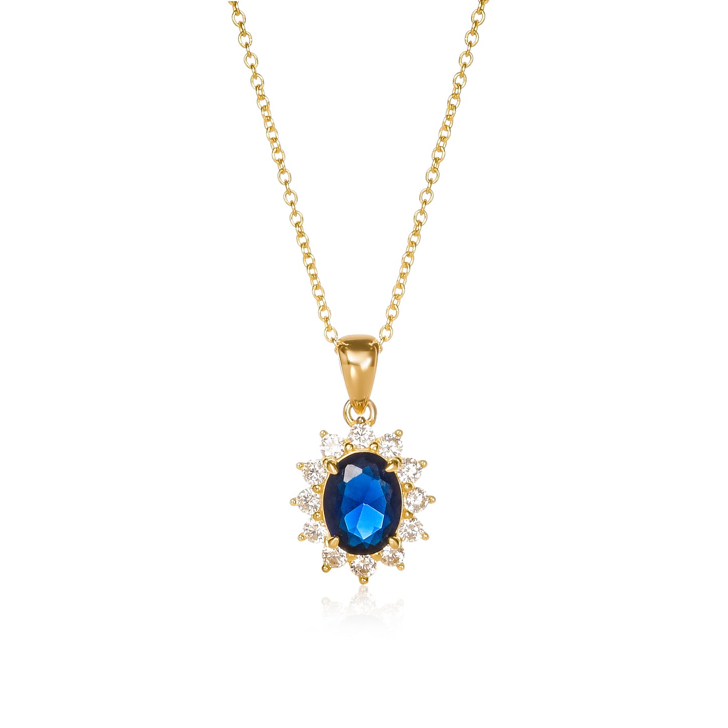 Gold Plated Sterling Silver Blue Cubic Zirconia Oval Halo Pendant Necklace