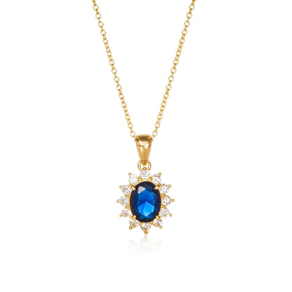 Gold Plated Sterling Silver Blue Cubic Zirconia Oval Halo Pendant Necklace