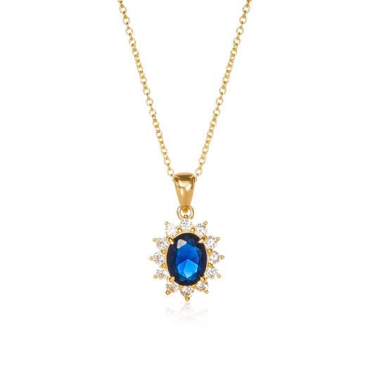 Gold Plated Sterling Silver Blue Cubic Zirconia Oval Halo Pendant Necklace