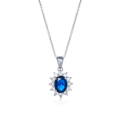925 Sterling Silver Blue Cubic Zirconia Oval Halo Pendant Necklace